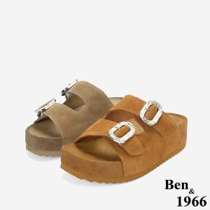 Ben&1966高級頭層牛皮厚底鑽釦休閒拖鞋-卡其(256492)