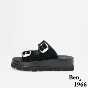 Ben&1966 高級頭層牛皮休閒百搭厚底拖鞋-黑(256091)