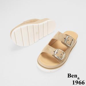 Ben&1966高級頭層牛皮休閒百搭厚底拖鞋-杏(256092)