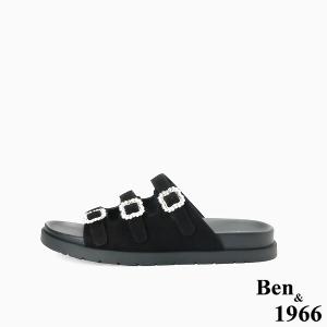 Ben&1966高級頭層牛皮經典鑽釦平底拖鞋-黑(256591)