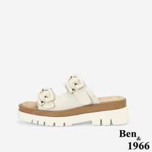 Ben&1966高級頭層牛皮休閒流行厚底拖鞋-米白(256082)
