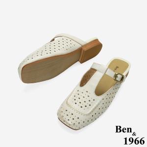 Ben&1966高級頭層打蠟羊皮沖孔復古穆勒鞋-米白(256342)
