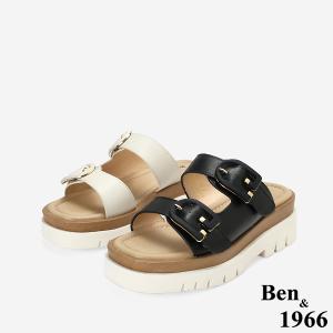 Ben&1966高級頭層牛皮休閒流行厚底拖鞋-米白(256082)