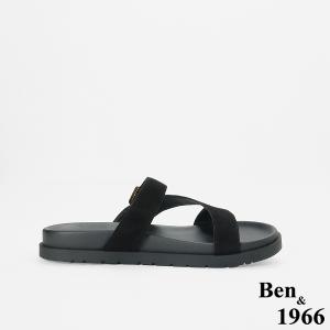 Ben&1966高級頭層牛皮休閒流行造型綁帶平底拖鞋-黑(256621)