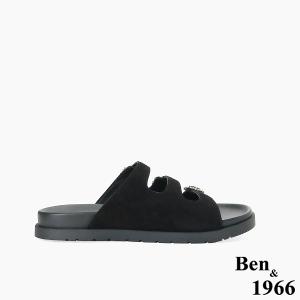 Ben&1966高級頭層牛皮經典鑽釦平底拖鞋-黑(256591)