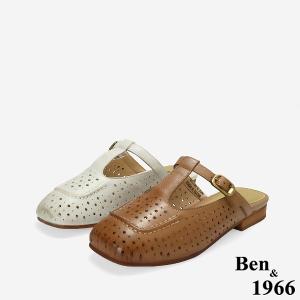 Ben&1966高級頭層打蠟羊皮沖孔復古穆勒鞋-米白(256342)