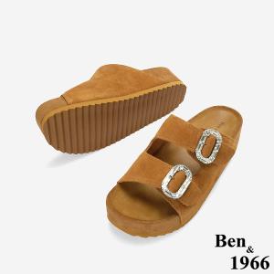 Ben&1966高級頭層牛皮厚底鑽釦休閒拖鞋-土黃(256491)