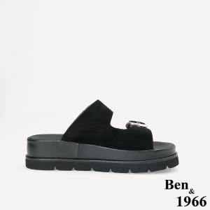 Ben&1966 高級頭層牛皮休閒百搭厚底拖鞋-黑(256091)