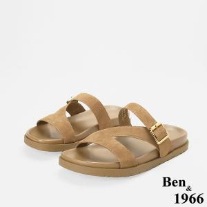 Ben&1966高級頭層牛皮休閒流行造型綁帶平底拖鞋-駝(256622)