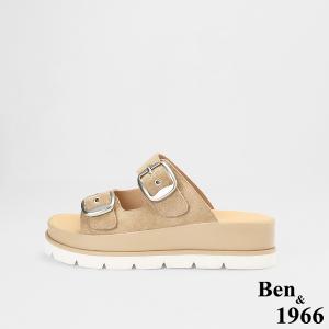 Ben&1966高級頭層牛皮休閒百搭厚底拖鞋-杏(256092)