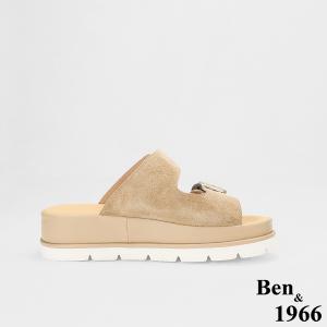 Ben&1966高級頭層牛皮休閒百搭厚底拖鞋-杏(256092)