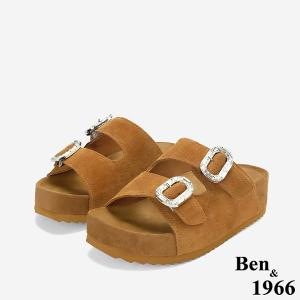 Ben&1966高級頭層牛皮厚底鑽釦休閒拖鞋-土黃(256491)