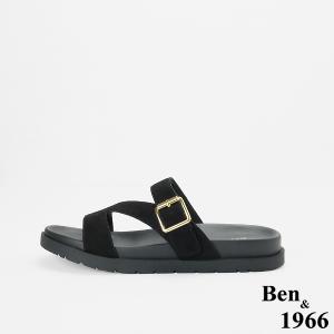 Ben&1966高級頭層牛皮休閒流行造型綁帶平底拖鞋-黑(256621)