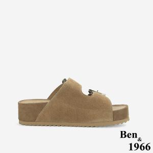 Ben&1966高級頭層牛皮厚底鑽釦休閒拖鞋-卡其(256492)