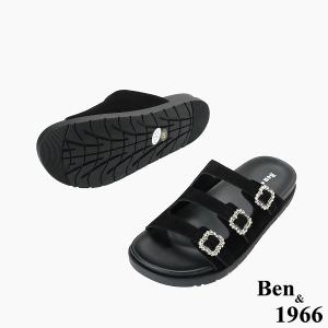 Ben&1966高級頭層牛皮經典鑽釦平底拖鞋-黑(256591)