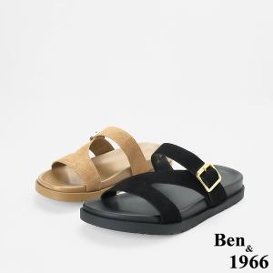 Ben&1966高級頭層牛皮休閒流行造型綁帶平底拖鞋-黑(256621)