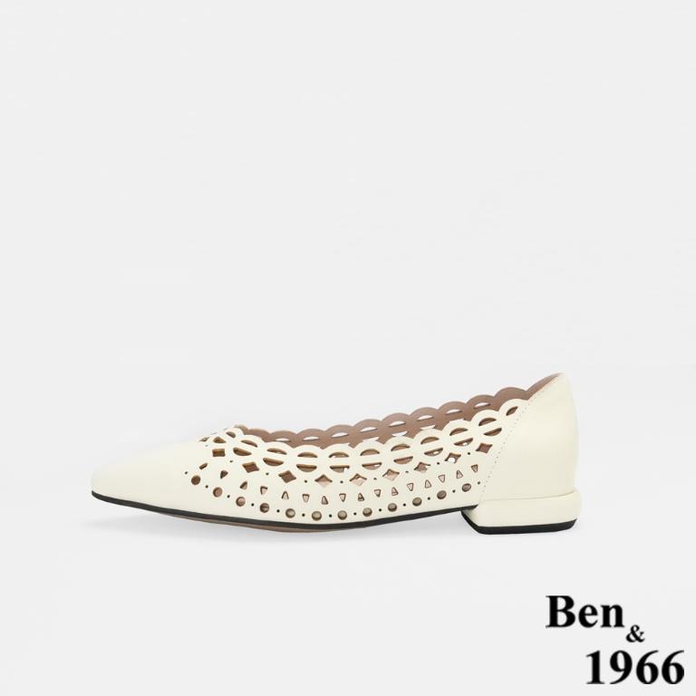 Ben&1966高級頭層牛皮經典沖孔低跟尖頭包鞋-米白(256542)