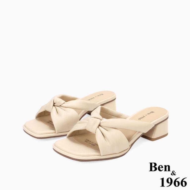 Ben&1966高級頭層羊皮經典扭結低跟拖鞋-杏(256551)