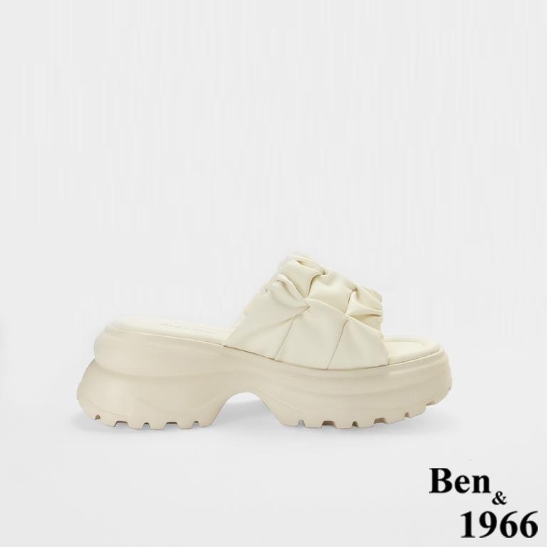 Ben&1966高級超纖皮革流行打皺厚底拖鞋-米白(256102)