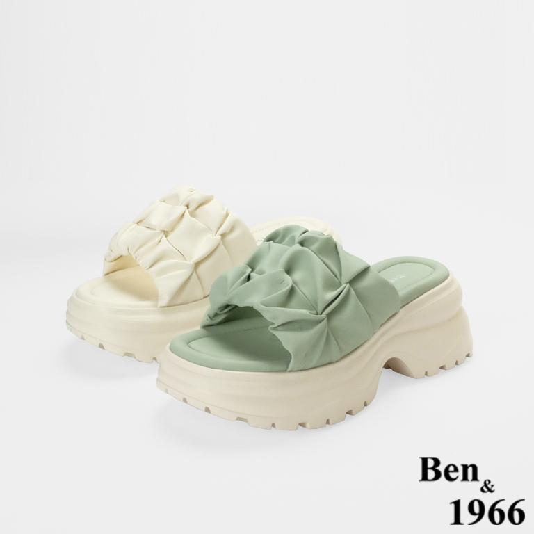 Ben&1966高級超纖皮革流行打皺厚底拖鞋-米白(256102)