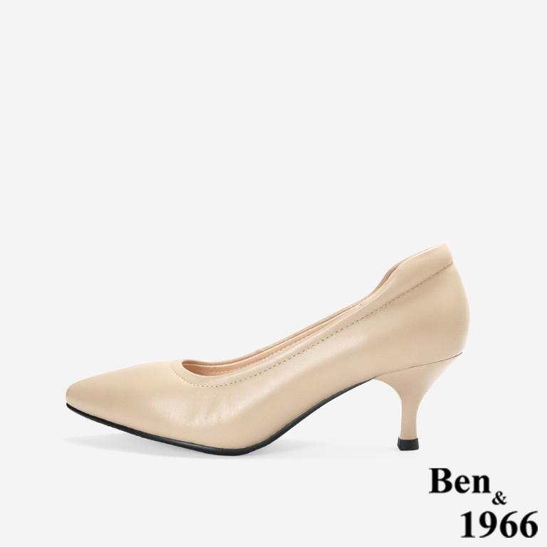 Ben&1966高級頭層羊皮經典氣質尖頭中低跟鞋-杏(256502)