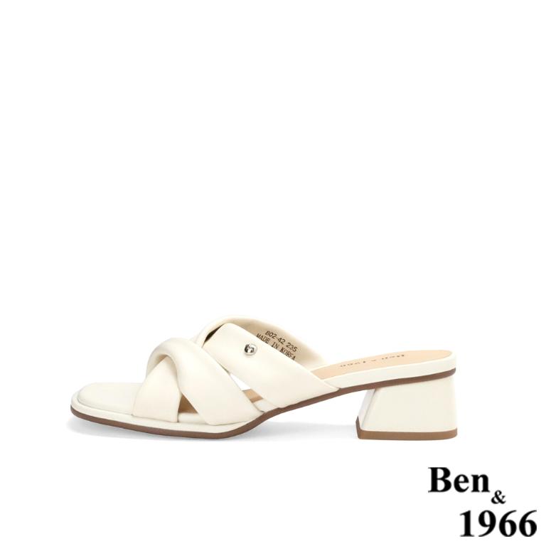 Ben&1966高級頭層羊皮經典交叉綁帶低跟拖鞋-米白(256562)