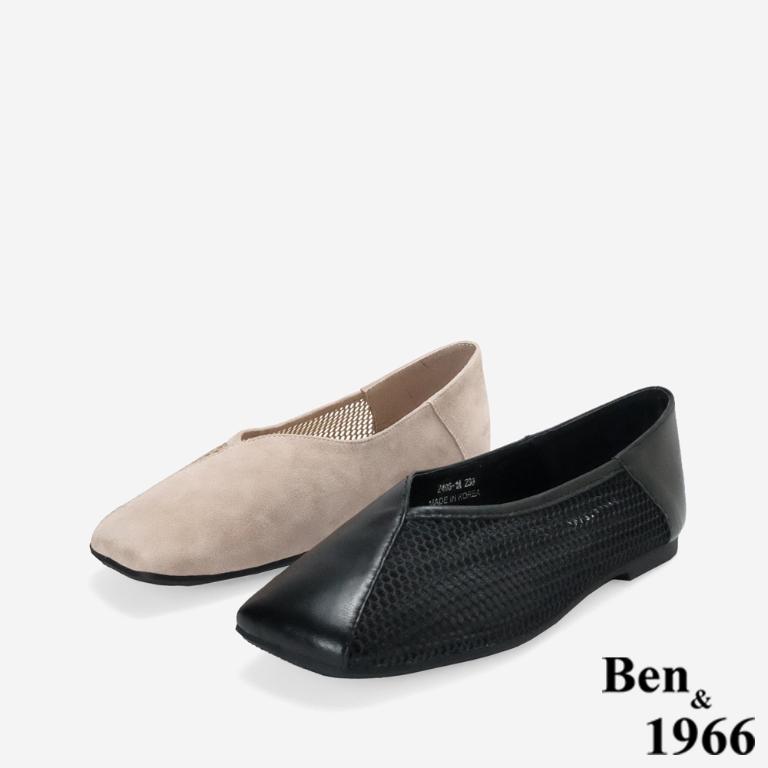 Ben&1966高級頭層羊皮流行網布平頭包鞋-黑(256431)