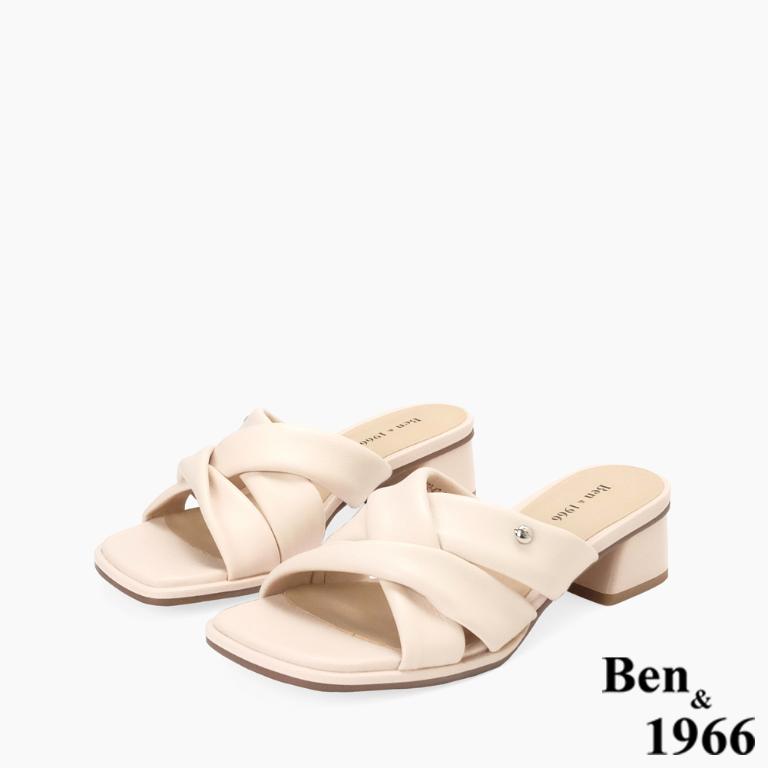 Ben&1966高級頭層羊皮經典交叉綁帶低跟拖鞋-淺粉(256561)