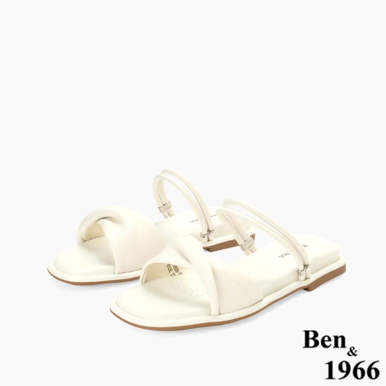 Ben&1966高級頭層羊皮流行平底兩穿涼拖鞋-米白(256582)