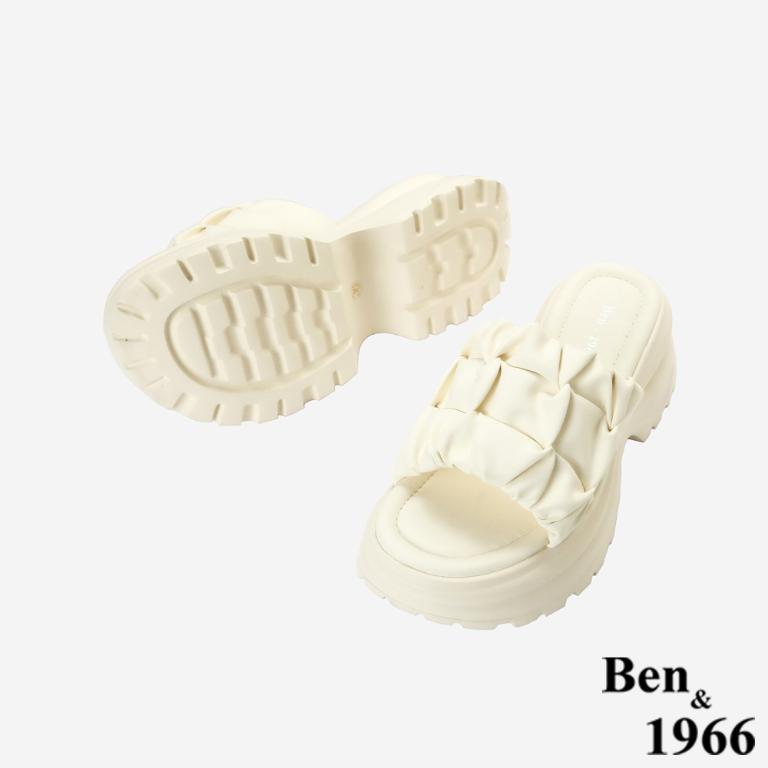 Ben&1966高級超纖皮革流行打皺厚底拖鞋-米白(256102)
