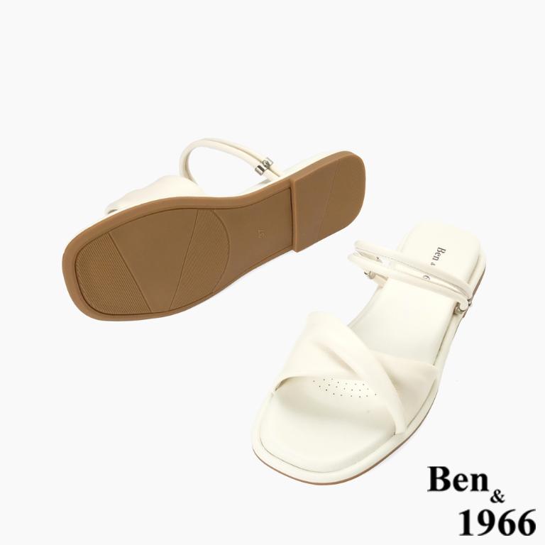 Ben&1966高級頭層羊皮流行平底兩穿涼拖鞋-米白(256582)