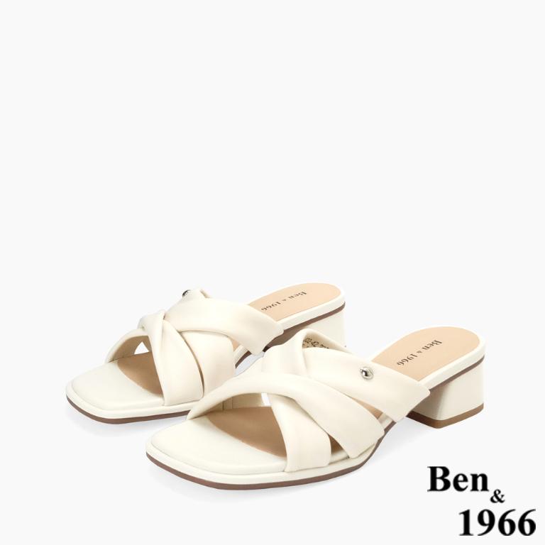 Ben&1966高級頭層羊皮經典交叉綁帶低跟拖鞋-米白(256562)