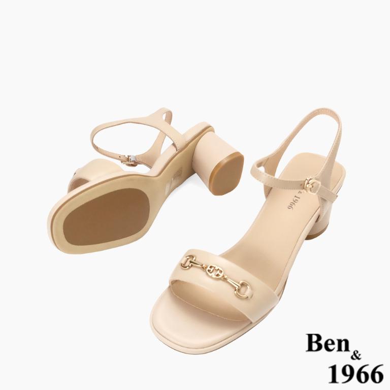 Ben&1966高級頭層羊皮經典馬銜釦飾中跟涼鞋-杏(256601)