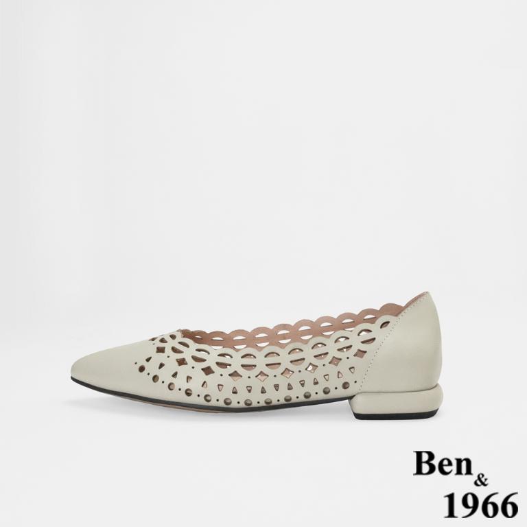 Ben&1966高級頭層牛皮經典沖孔低跟尖頭包鞋-淺灰(256541)