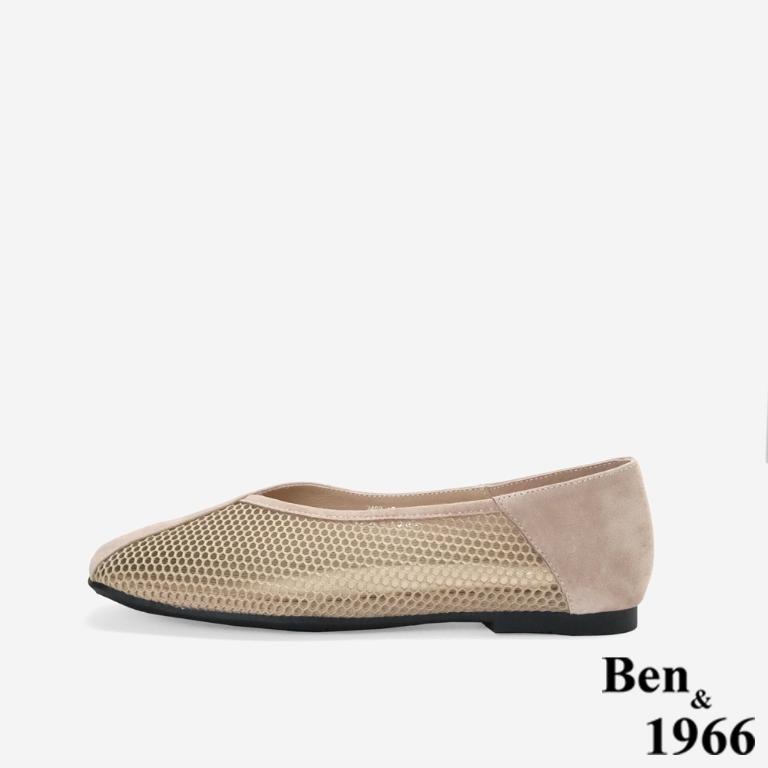 Ben&1966高級頭層羊皮流行網布平頭包鞋-藕(256432)