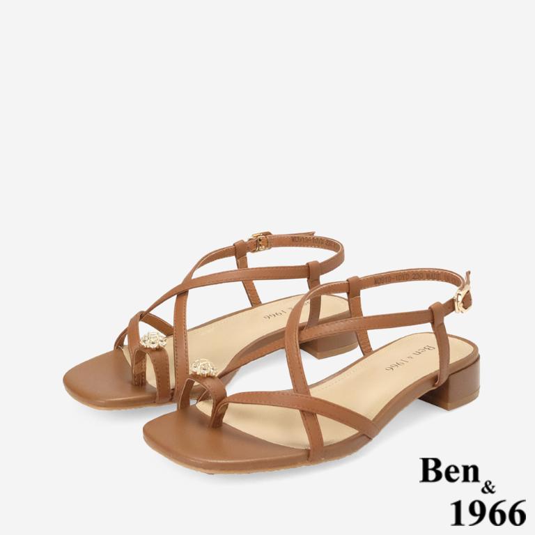 Ben&1966高級頭層羊皮流行交叉綁帶平底涼鞋-太妃糖棕(256401)