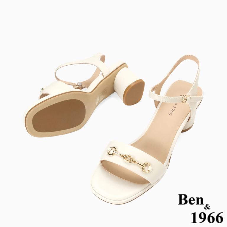 Ben&1966高級頭層羊皮經典馬銜釦飾中跟涼鞋-米白(256602)