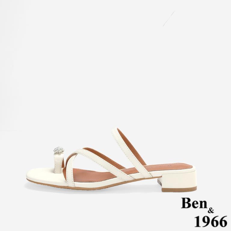 Ben&1966高級頭層羊皮流行交叉綁帶低跟拖鞋-米白(256392)