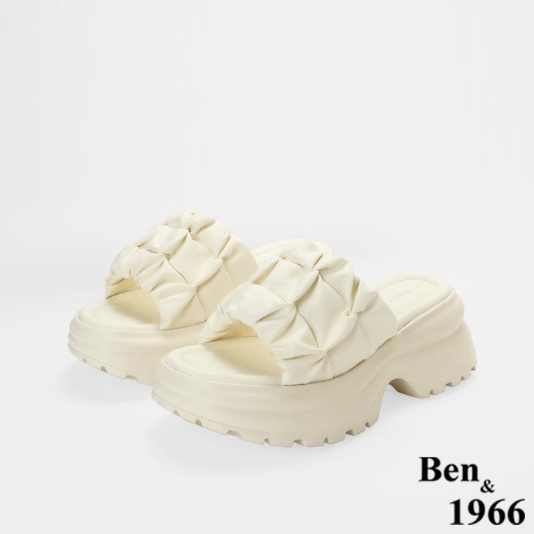 Ben&1966高級超纖皮革流行打皺厚底拖鞋-米白(256102)