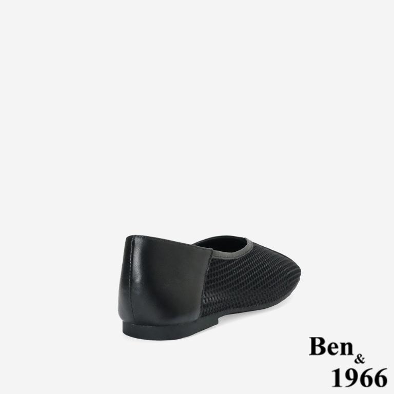 Ben&1966高級頭層羊皮流行網布平頭包鞋-黑(256431)