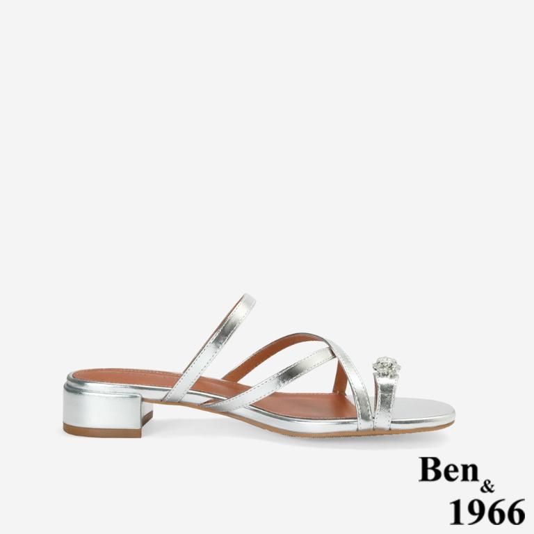 Ben&1966高級頭層羊皮流行交叉綁帶低跟拖鞋-銀(256391)