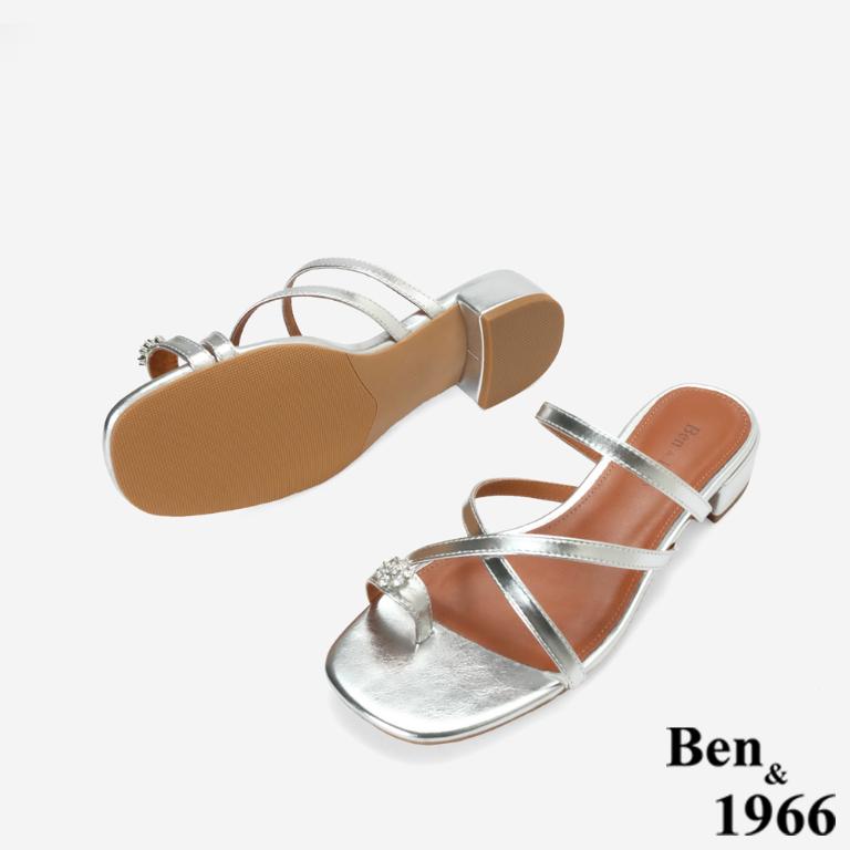 Ben&1966高級頭層羊皮流行交叉綁帶低跟拖鞋-銀(256391)