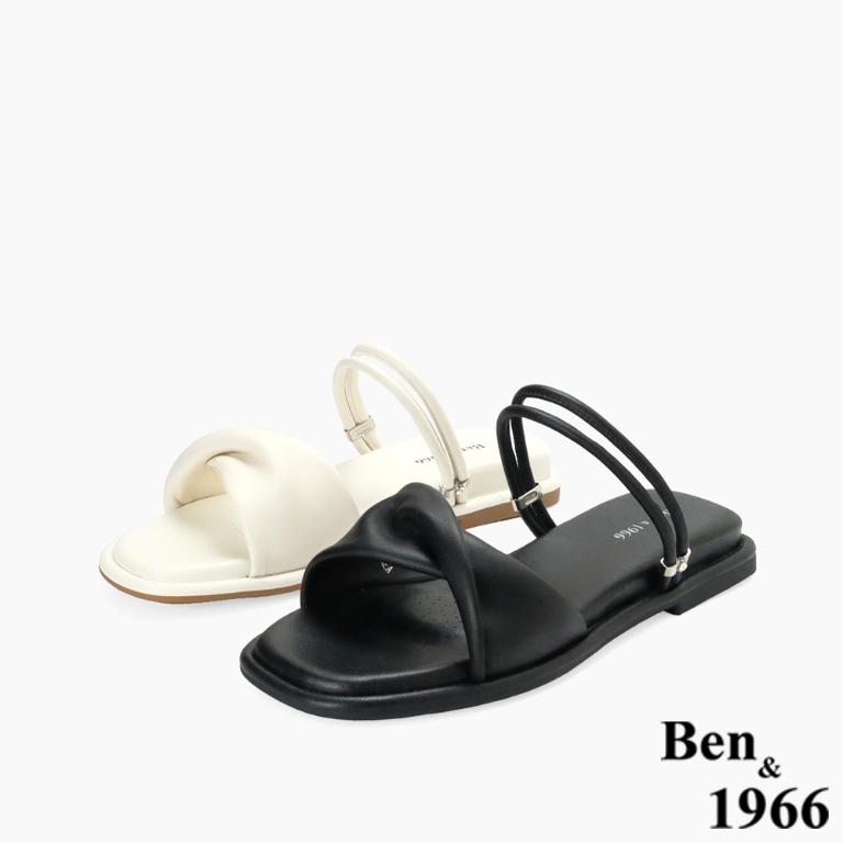 Ben&1966高級頭層羊皮流行平底兩穿涼拖鞋-米白(256582)