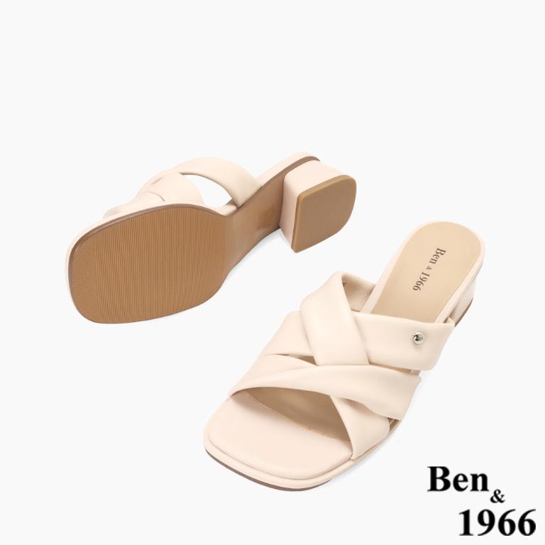 Ben&1966高級頭層羊皮經典交叉綁帶低跟拖鞋-淺粉(256561)