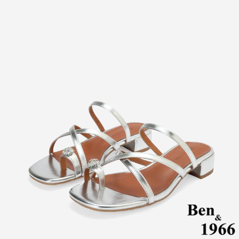 Ben&1966高級頭層羊皮流行交叉綁帶低跟拖鞋-銀(256391)