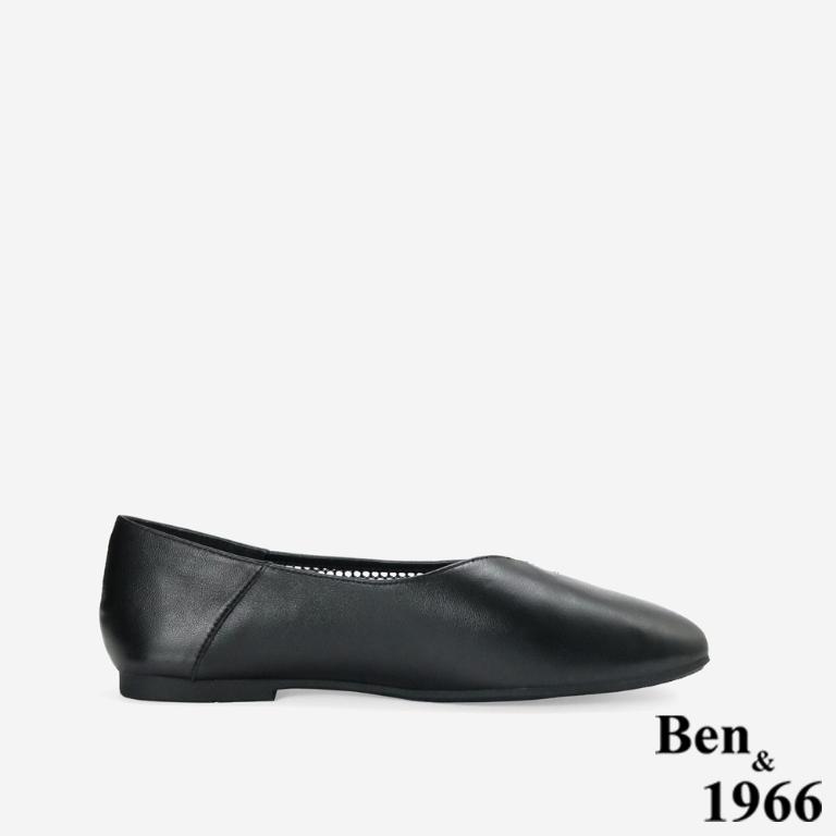 Ben&1966高級頭層羊皮流行網布平頭包鞋-黑(256431)