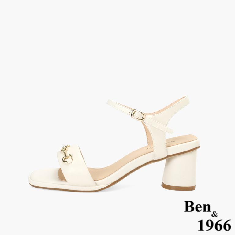 Ben&1966高級頭層羊皮經典馬銜釦飾中跟涼鞋-米白(256602)