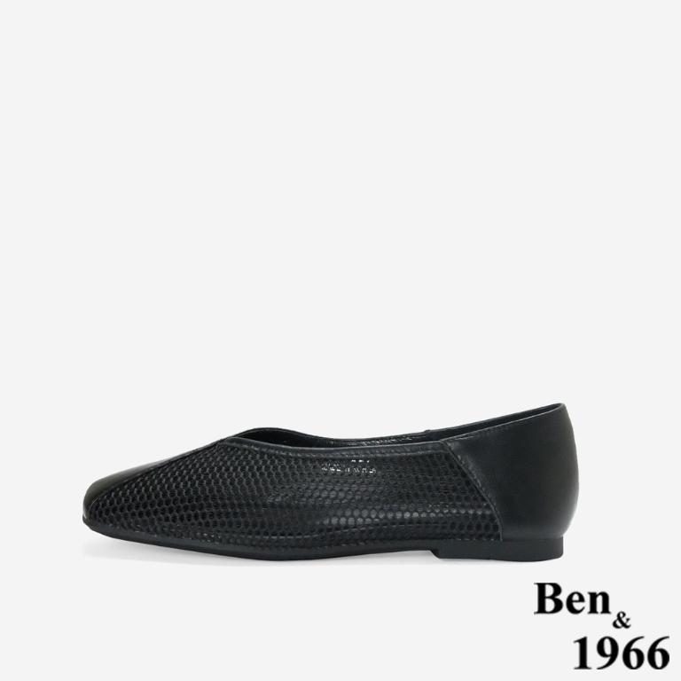 Ben&1966高級頭層羊皮流行網布平頭包鞋-黑(256431)