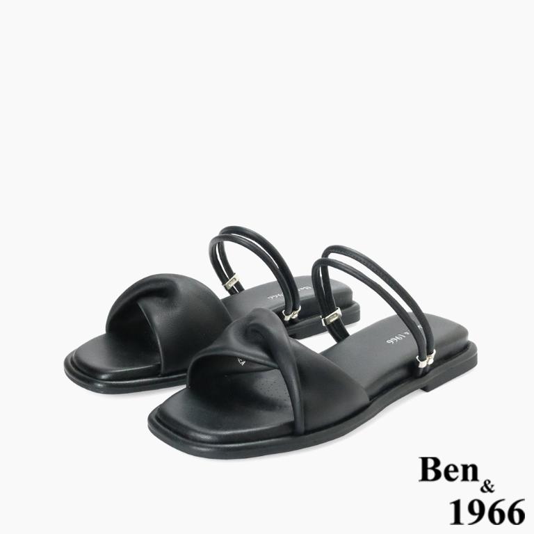 Ben&1966高級頭層羊皮流行平底兩穿涼拖鞋-黑(256581)