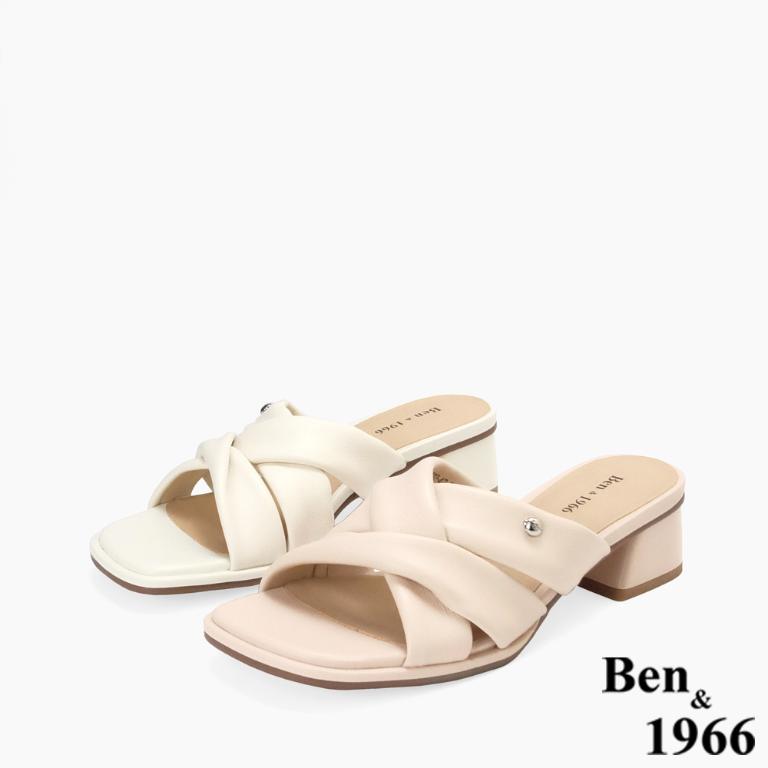 Ben&1966高級頭層羊皮經典交叉綁帶低跟拖鞋-淺粉(256561)
